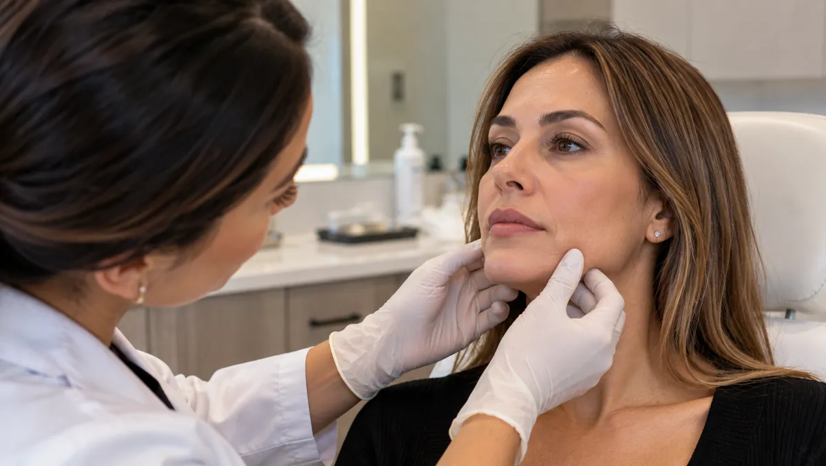Clinician assessing a woman's face during a Botox consultation.