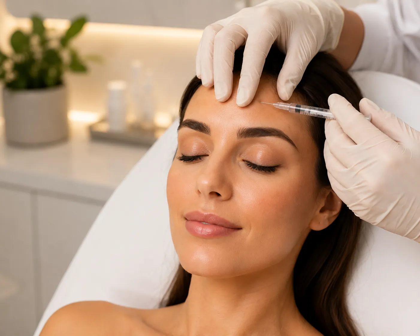 Woman receiving a Botox forehead treatment from a medical professional in a cosmetic clinic.