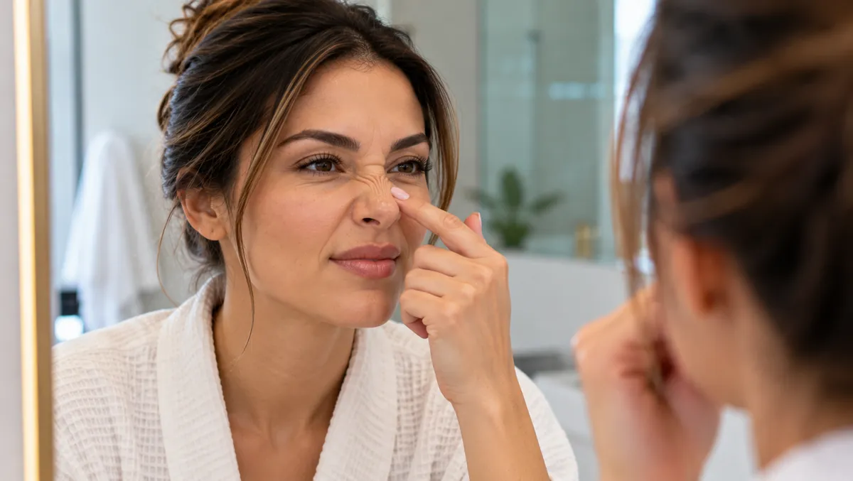 Woman examining bunny lines around her nose in a bathroom mirror