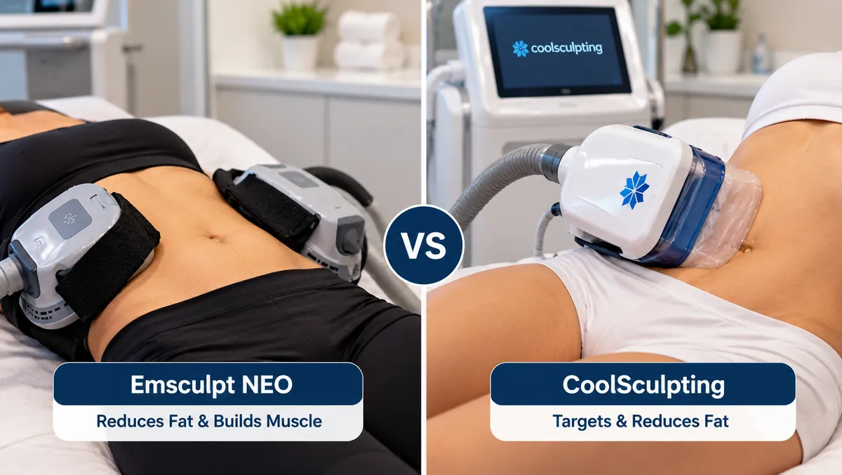 Emsculpt NEO vs. CoolSculpting body contouring treatments, comparing muscle stimulation and fat reduction