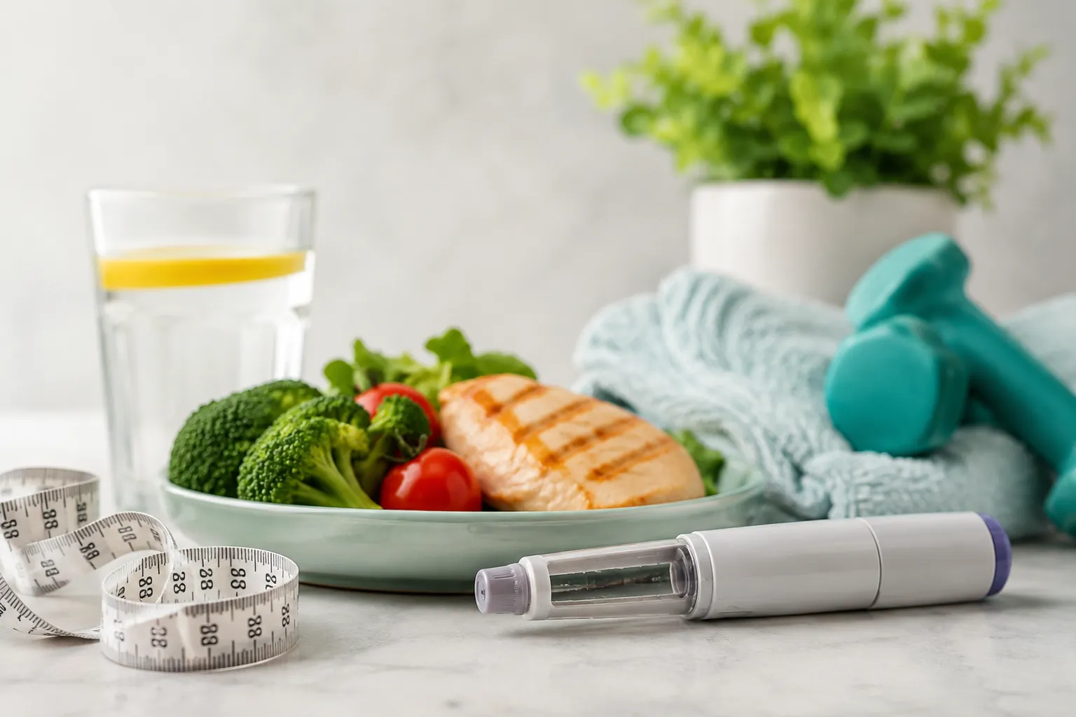 GLP-1 weight loss treatment with healthy food, measuring tape, and medical injection pen.