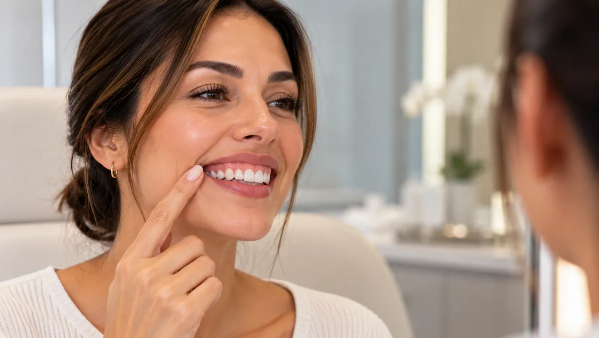 Woman smiling broadly and showing her upper teeth and gumline, illustrating gummy smile Botox treatment in Glendale.