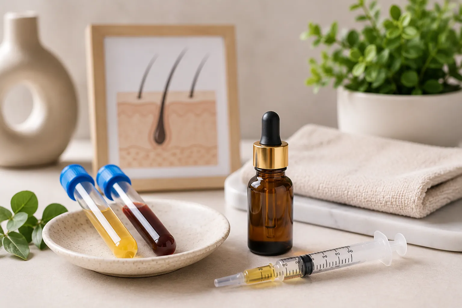 PRP and PRF hair restoration treatment with blood-derived therapy supplies and scalp follicle illustration.