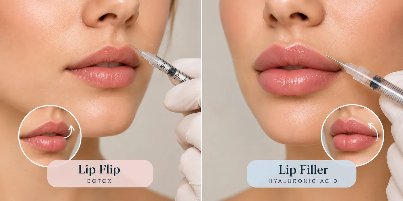 Lip flip vs lip filler in Glendale, showing Botox lip enhancement and hyaluronic acid lip filler.