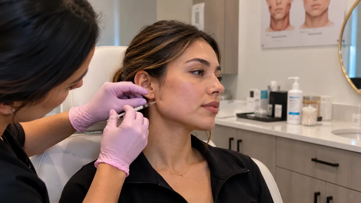 Masseter Botox treatment in Glendale, showing a clinician administering an injection along a patient's jawline in an aesthetics clinic.