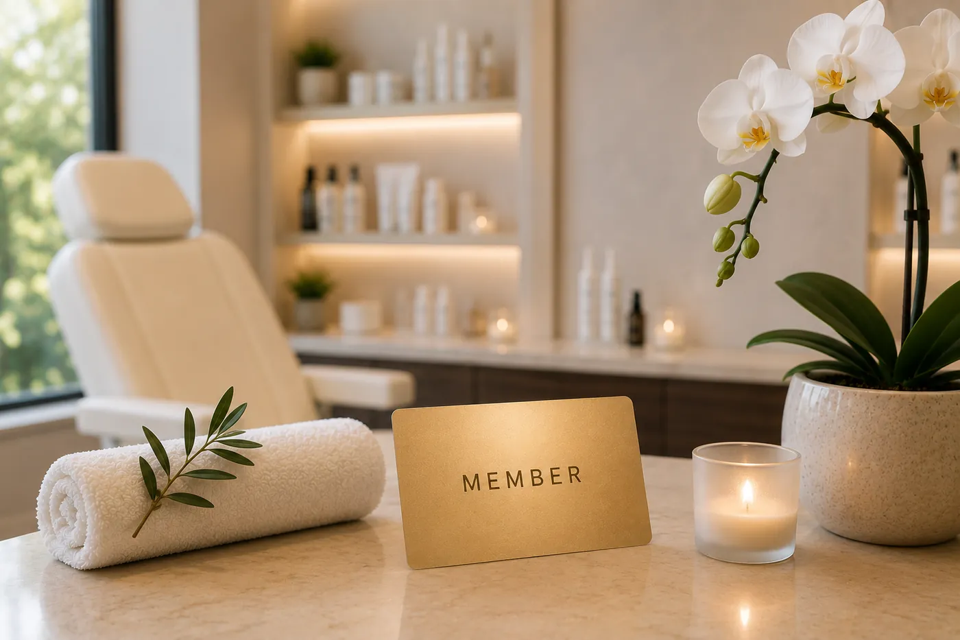 Membership card, folded towel, and orchid in a med spa treatment room.