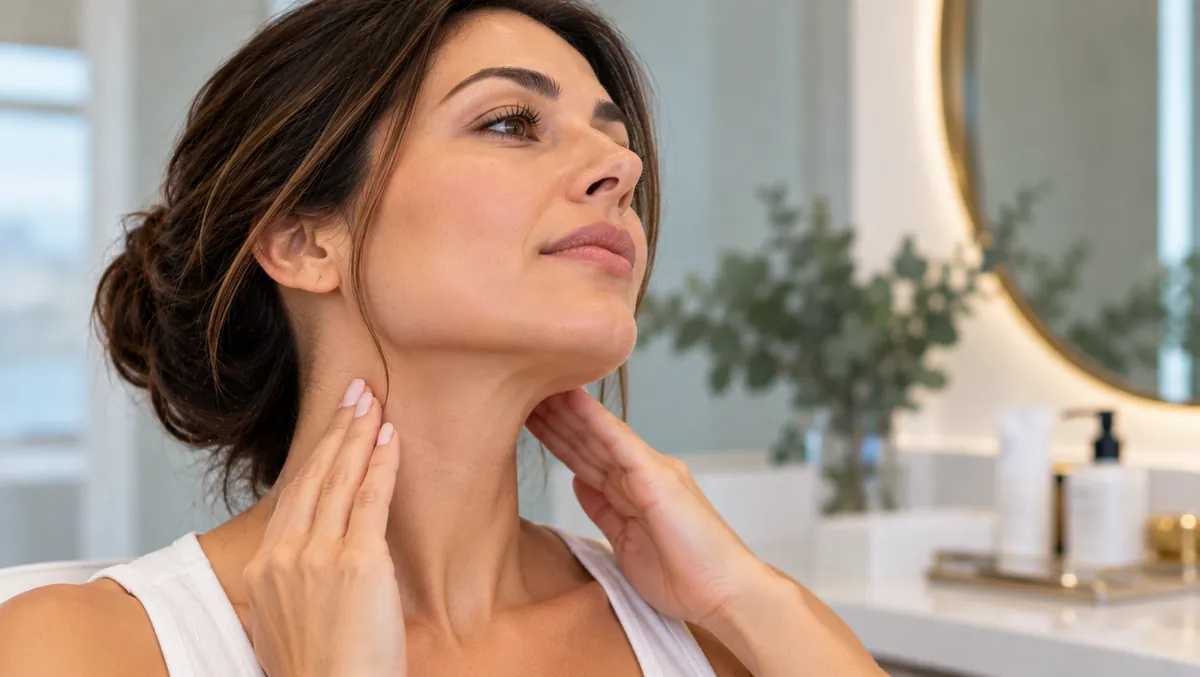 Woman highlighting her jawline and neck contours, illustrating the aesthetic goals of a Nefertiti neck lift with Botox in Glendale.