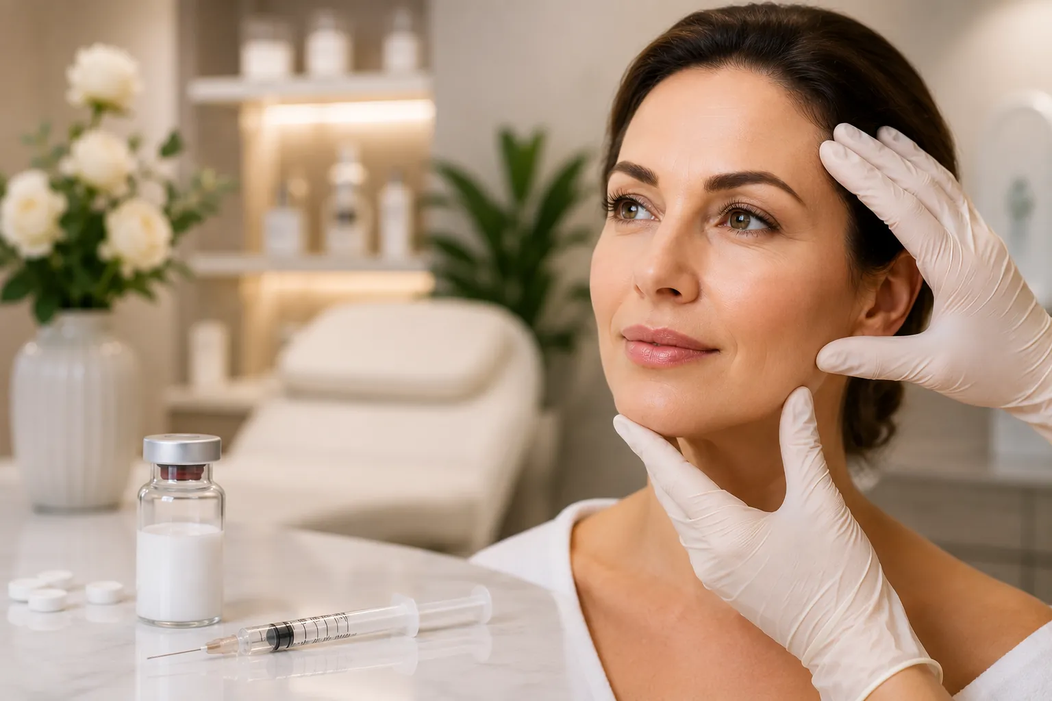 Woman receiving a Sculptra injectable treatment at a medical spa.