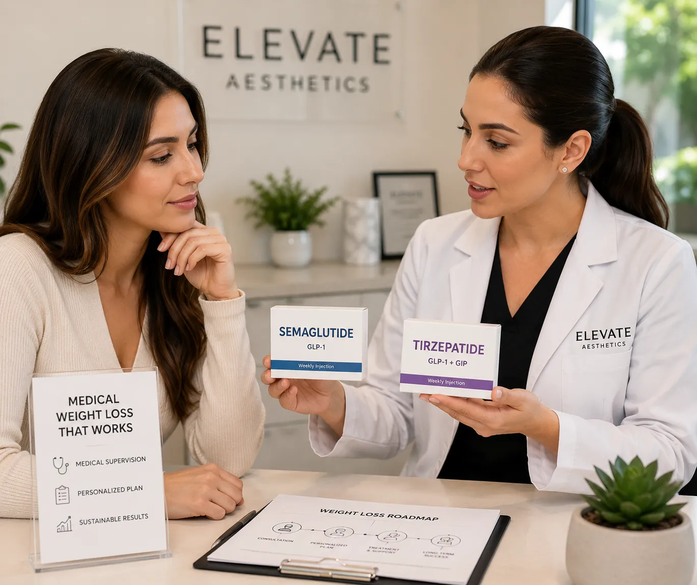 Medical provider discussing semaglutide and tirzepatide weight-loss options with a patient during a consultation.
