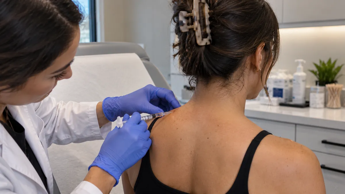 Trap tox (Barbie Botox) treatment in Glendale, showing a clinician administering an injection into the trapezius muscle